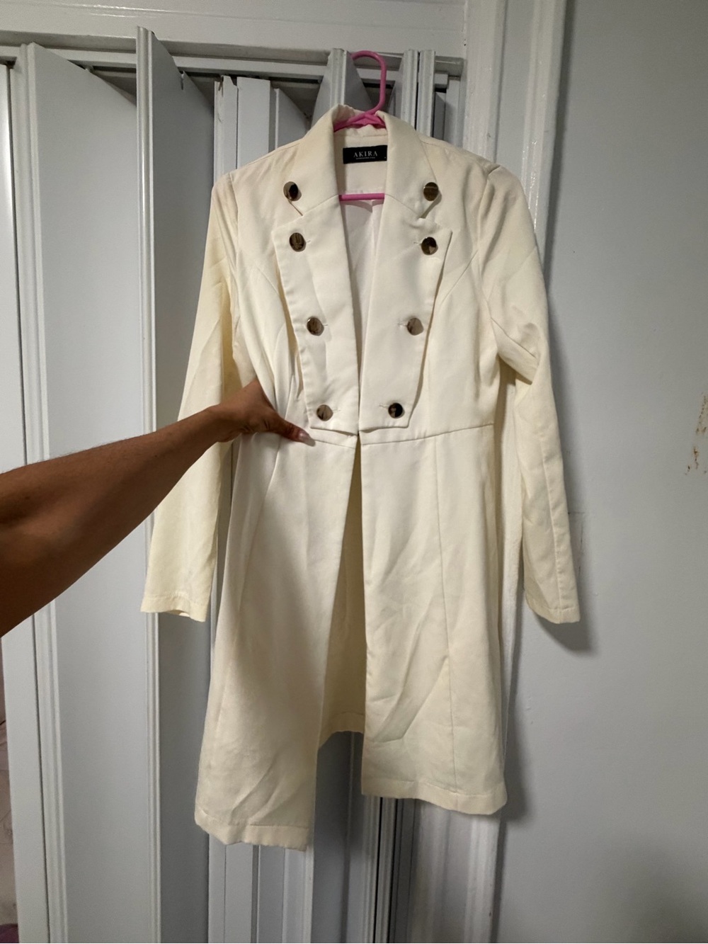 AKIRA Off-White Double-Breasted Long Trench Coat